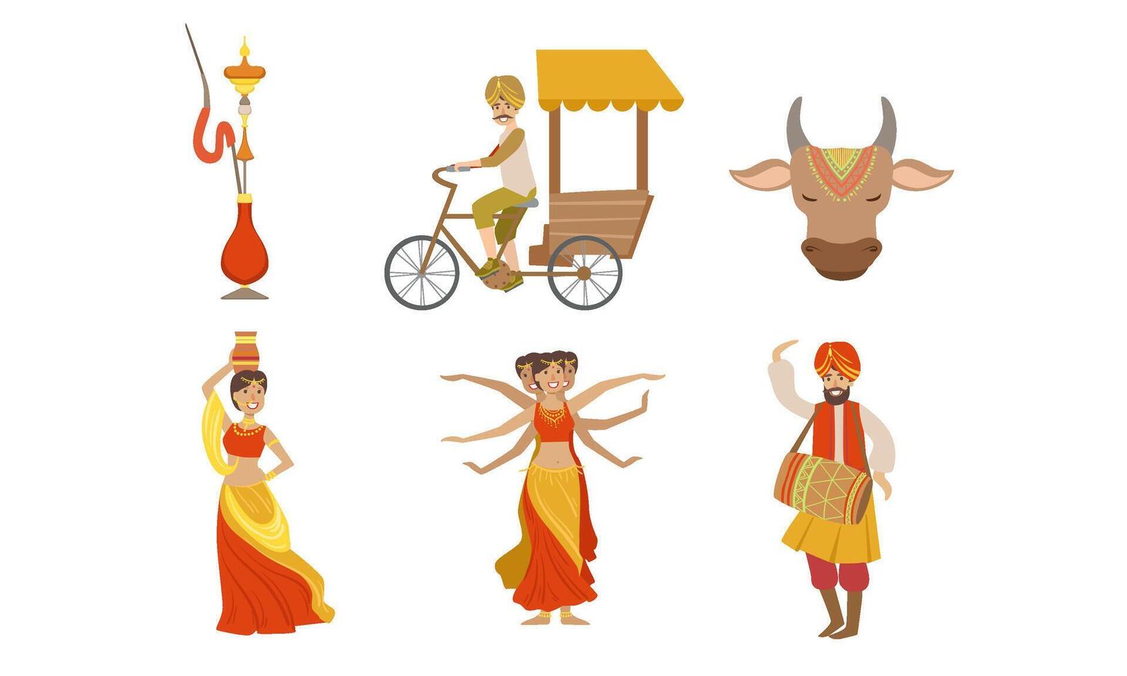 Indian People in Traditional Clothing Symbols of Country Set, Rickshaw, Sacred Cow, Dancing People Illustration vector