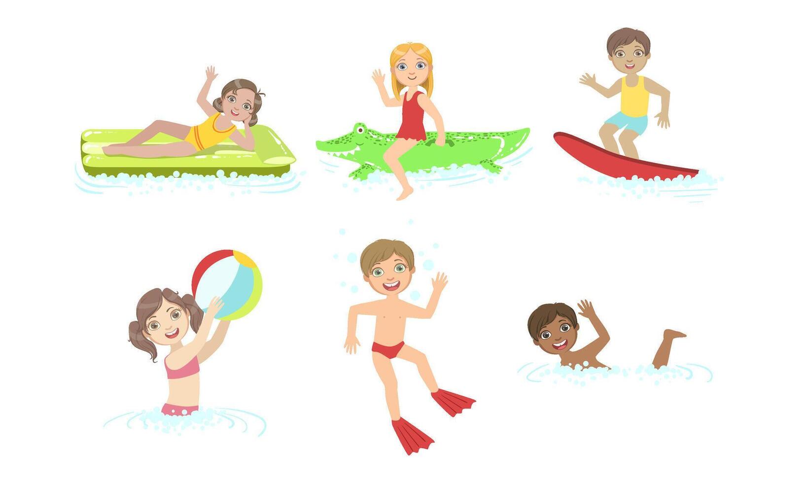Kids Swimming and Floating on Inflatable Toys in Pool, Children Having Fun in Water Illustration vector