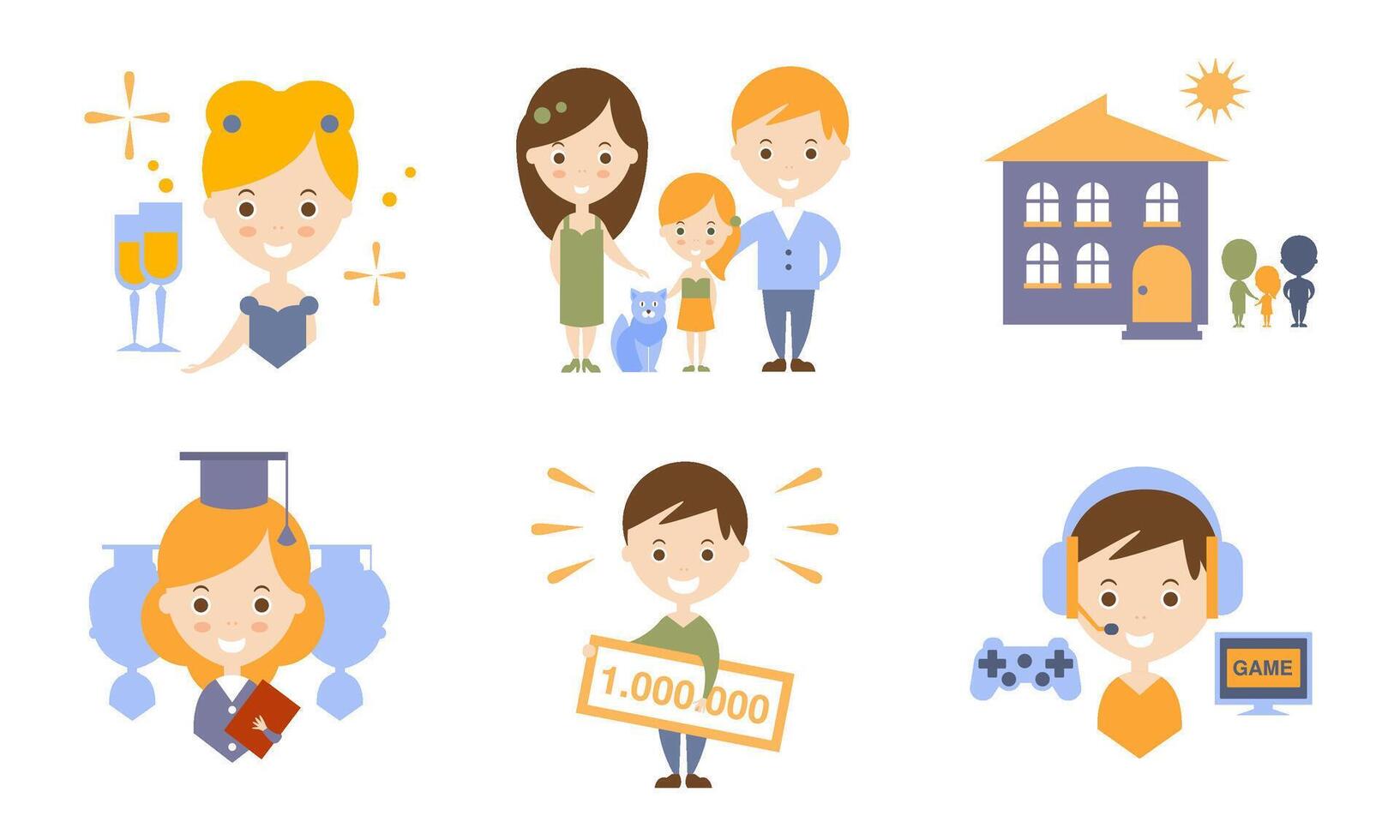 Happy Family Modern Lifestyle Icons Set Flat Illustration vector