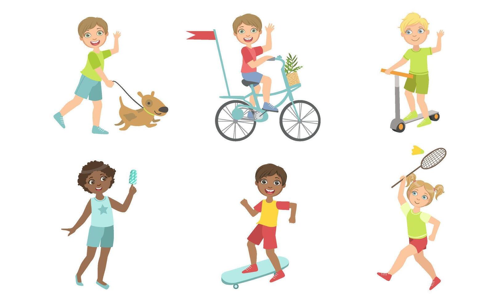 Kids Summer Outdoor Activities Set, Cute Boys and Girls Walking with Dog, Eating Ice Cream, Doing Sports Illustration vector