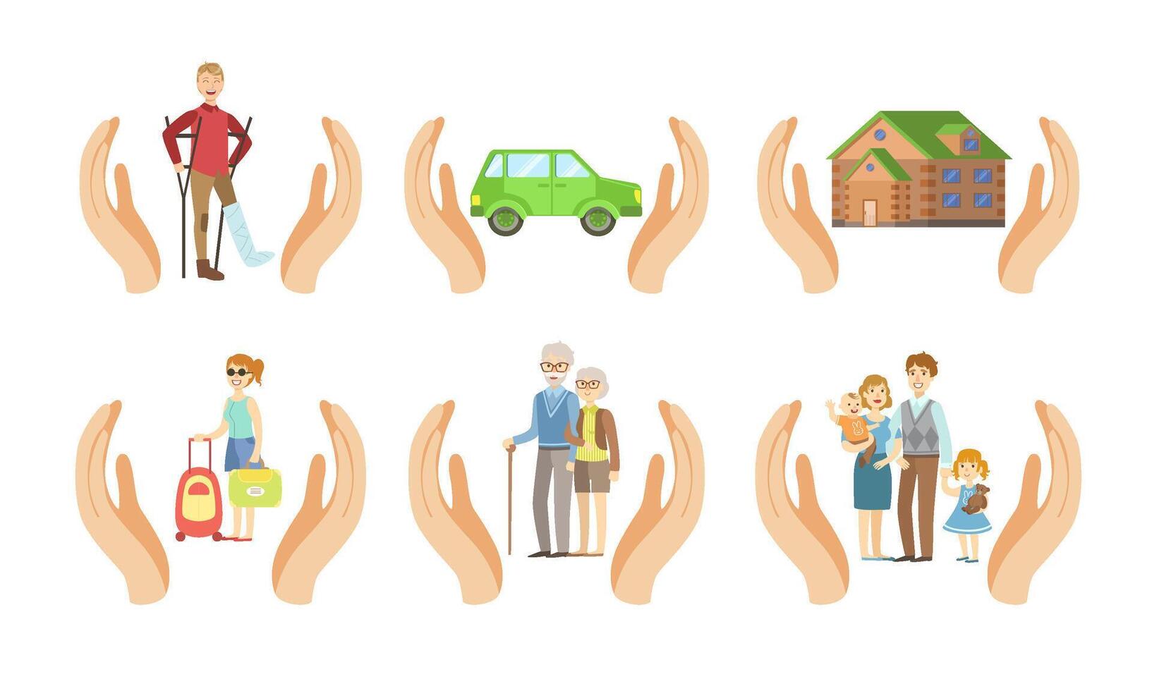 Insurance Services Set, Different Types of Insurances, Health, Car, Home, Travel, Old Age, Family Illustration vector