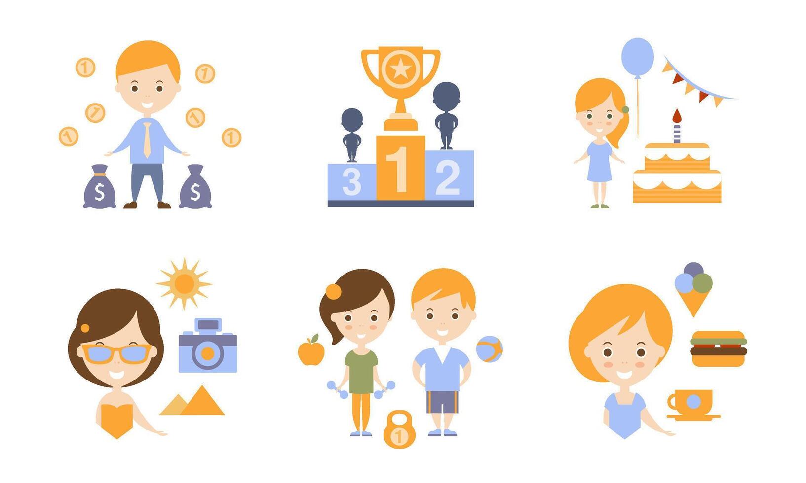 Happy Family Modern Lifestyle Icons Set, Travel, Healthy Lifestyle, Business Flat Illustration vector