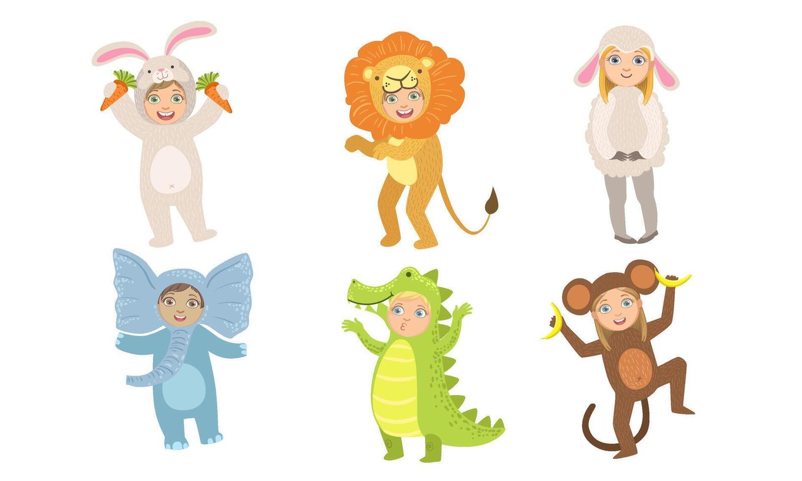 Cute Happy Kids Dressed Animal Costumes Set, Elephant, Crocodile, Monkey, Rabbit, Bunny, Lion, Sheep Illustration vector