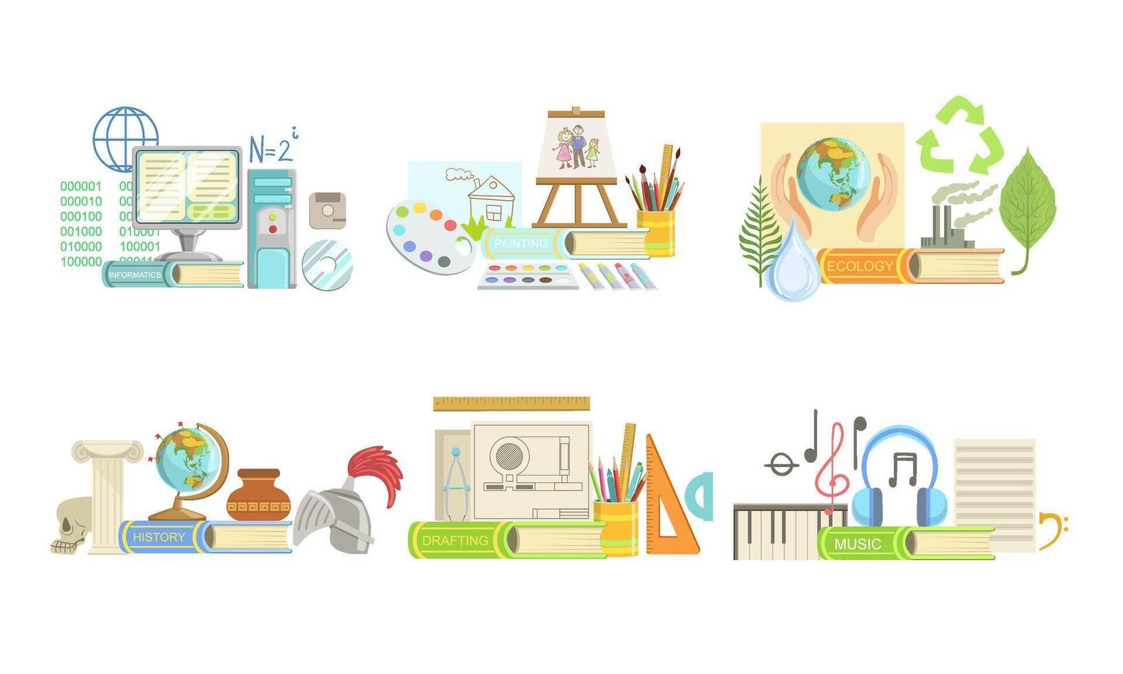 School Subjects Set, Informatics, Ecology, Drafting, Painting, Geography, History, Music Illustration vector