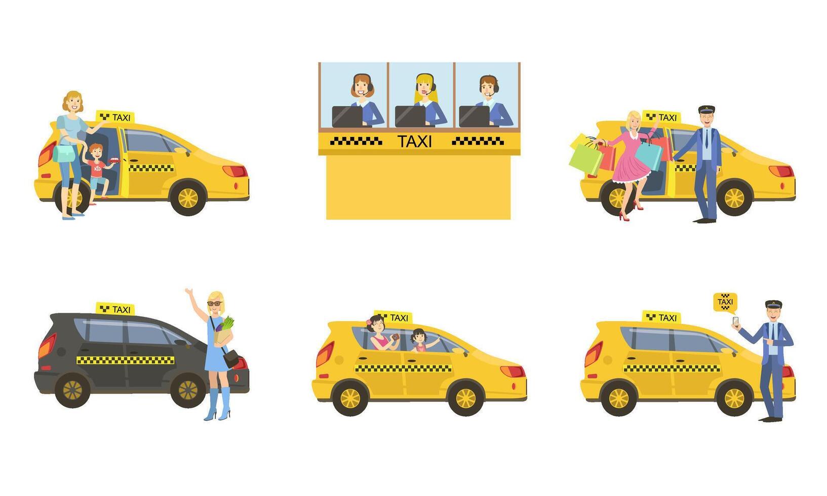 Taxi Service Set, Taxi Driver in Yellow Car and Passengers, Customers Catching Cab, Call Operator Support Service Illustration vector