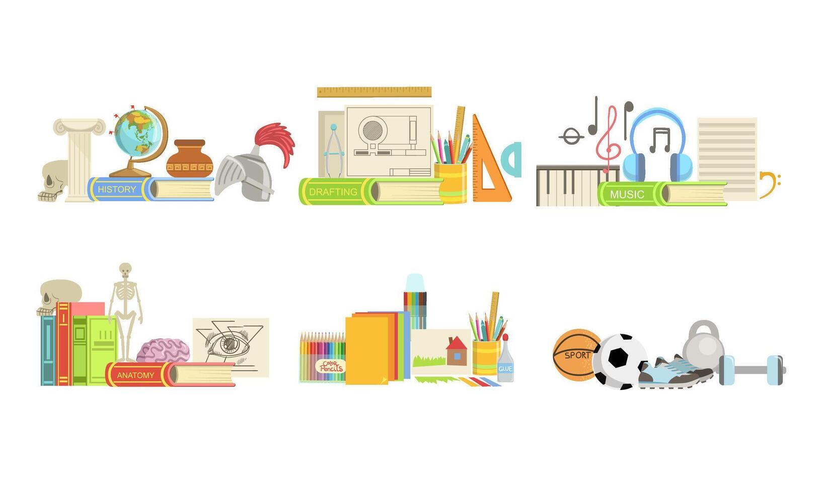 School Subjects Set, History, Drafting, Music, Anatomy, Drawing, Sport Illustration vector