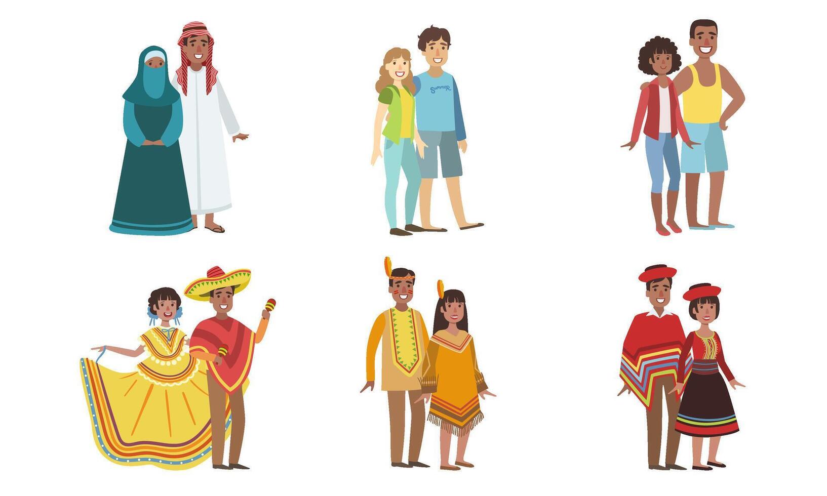 Men and Women Dressed Folk Costumes of Various Countries Set, Peru, Ameican Indian, USA, Mexico, UAE Illustration vector
