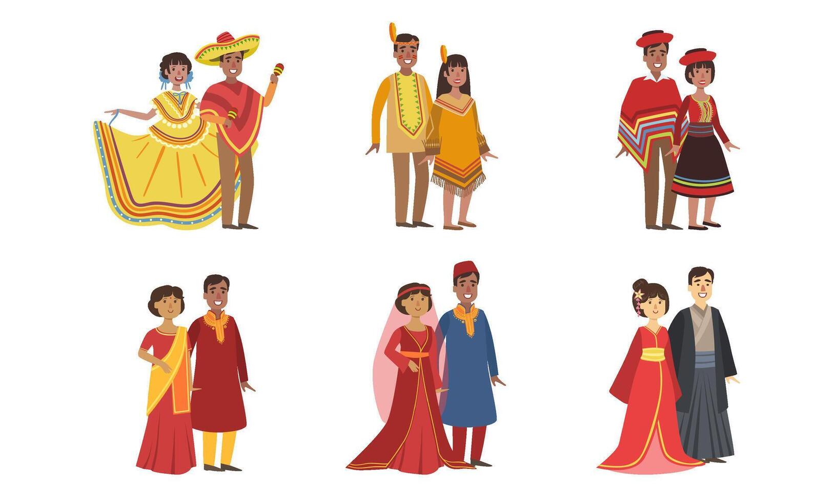 Men and Women Dressed Folk Costumes of Various Countries Set, Peru, Ameican Indian, Mexico, India, China, Japan, Illustration vector