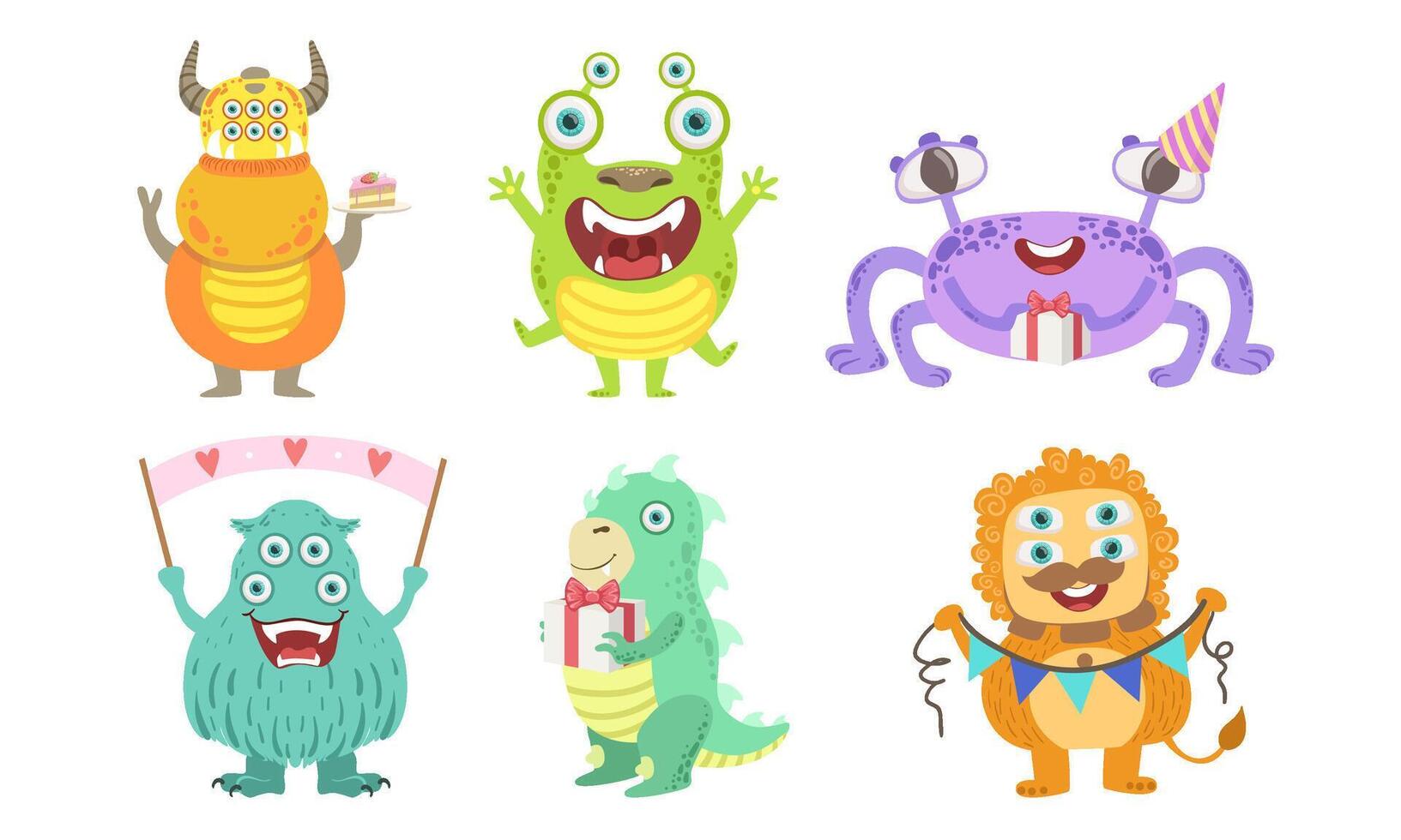 Cute Colorful Happy Monsters Set, Funny Friendly Mutant Characters, Birthday Party Design Elements Illustration vector
