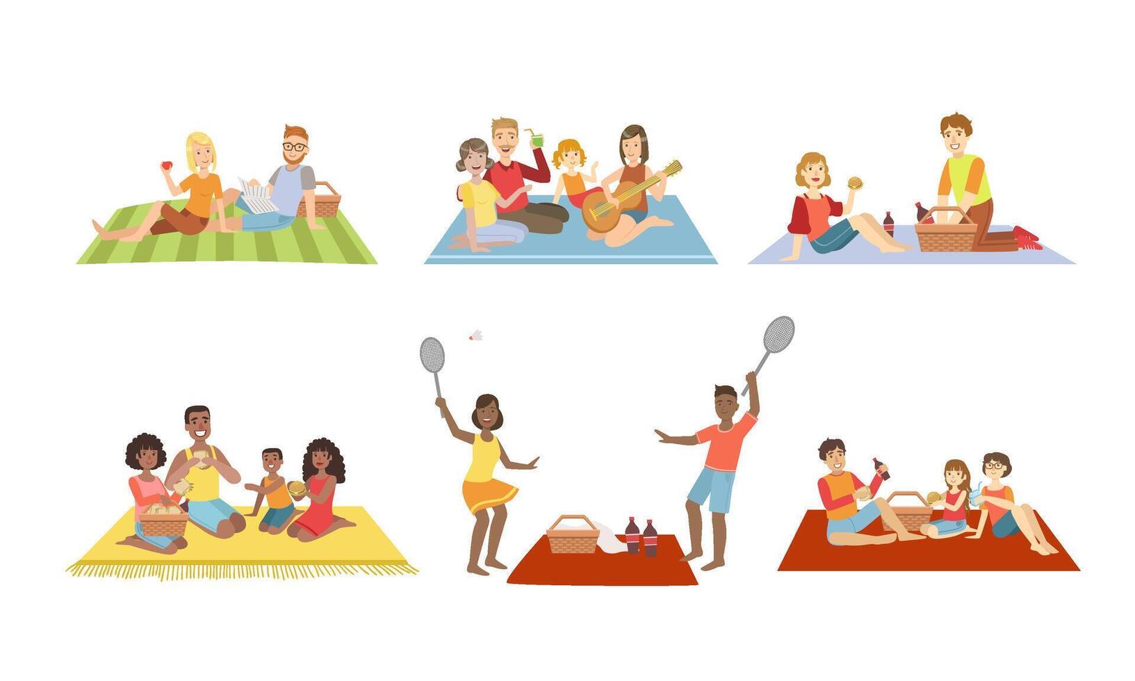 Families Having Picnic In Park Set, People Sitting On Plaids, Eating Relaxing, Playing Badminton, Happy Couples and Kids Spending Time Together Illustration vector