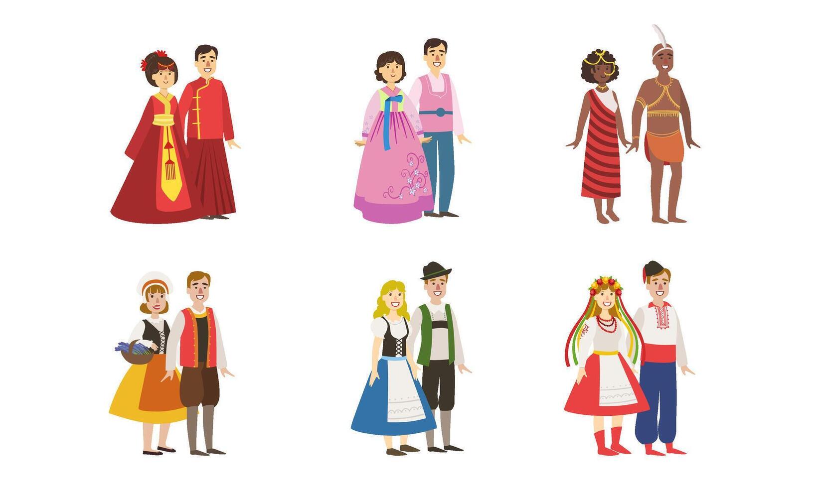 Men and Women Dressed Folk Costumes of Various Countries Set, Denmark, Ukraine, Finland, China, Korea, Ethiopia Illustration vector