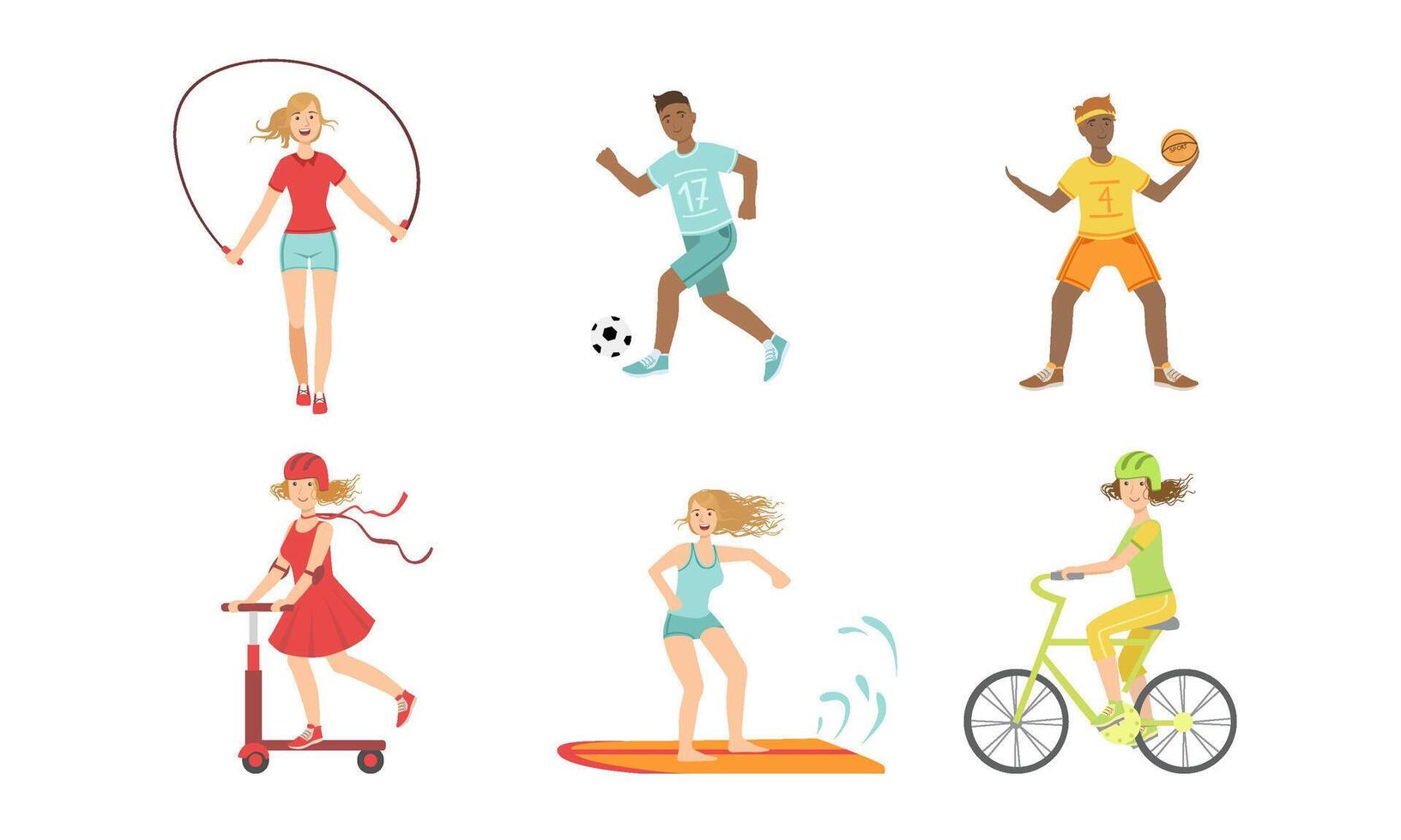 People Doing Different Kinds of Sports Set, Hockey, Soccer, Basketball Player, Surfboarder, Cyclist, Girls Jumping with Rope, Riding Kick Scooter Illustration vector