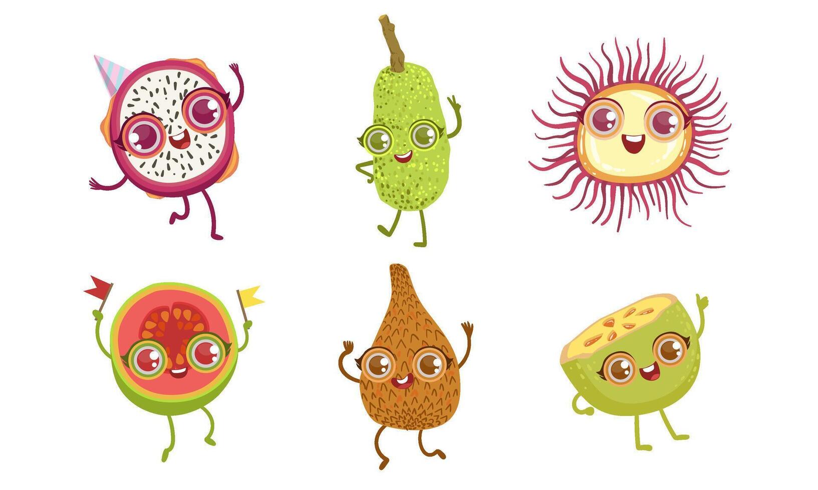 Funny Tropical Fruit Characters Set, Dragon, Snake Fruit, Guava, Rambutan Illustration vector