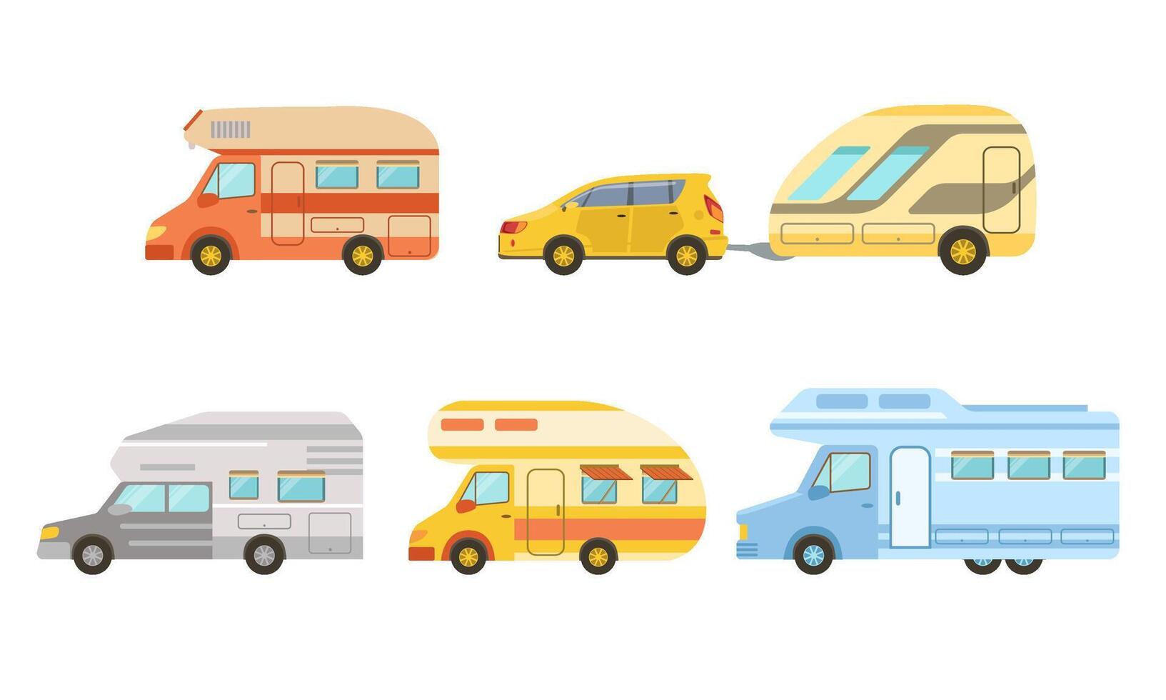 Collection of Camper Trailers Set, Trailering, Camping, Outdoor Adventures Illustration vector