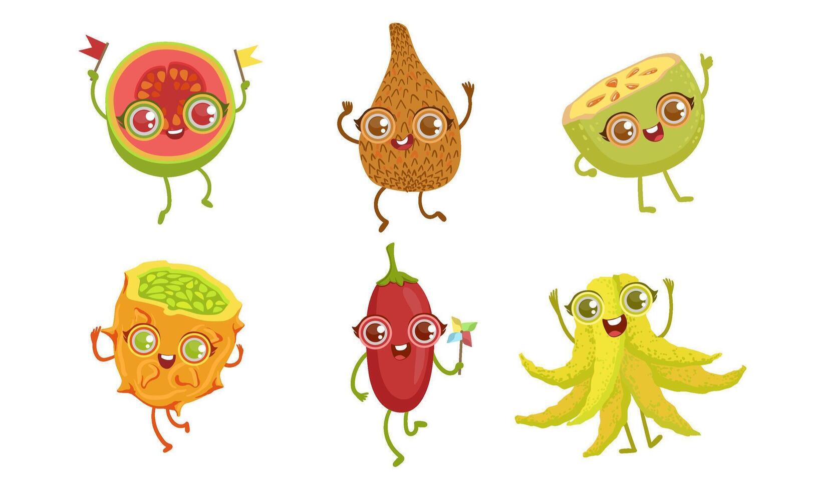 Funny Tropical Fruit Characters Set, Guava, Snake Fruit, Sarambola, Kiwano, Tamarillo Illustration vector