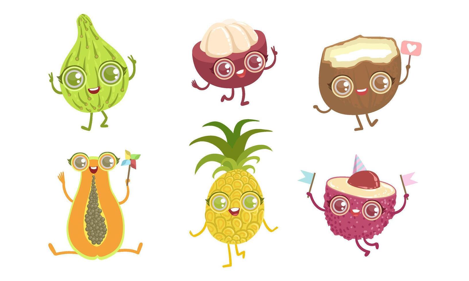 Funny Tropical Fruit Characters Set, Papaya, Pineapple, Lychee, Coconut, Mangosteen, Guava Illustration vector