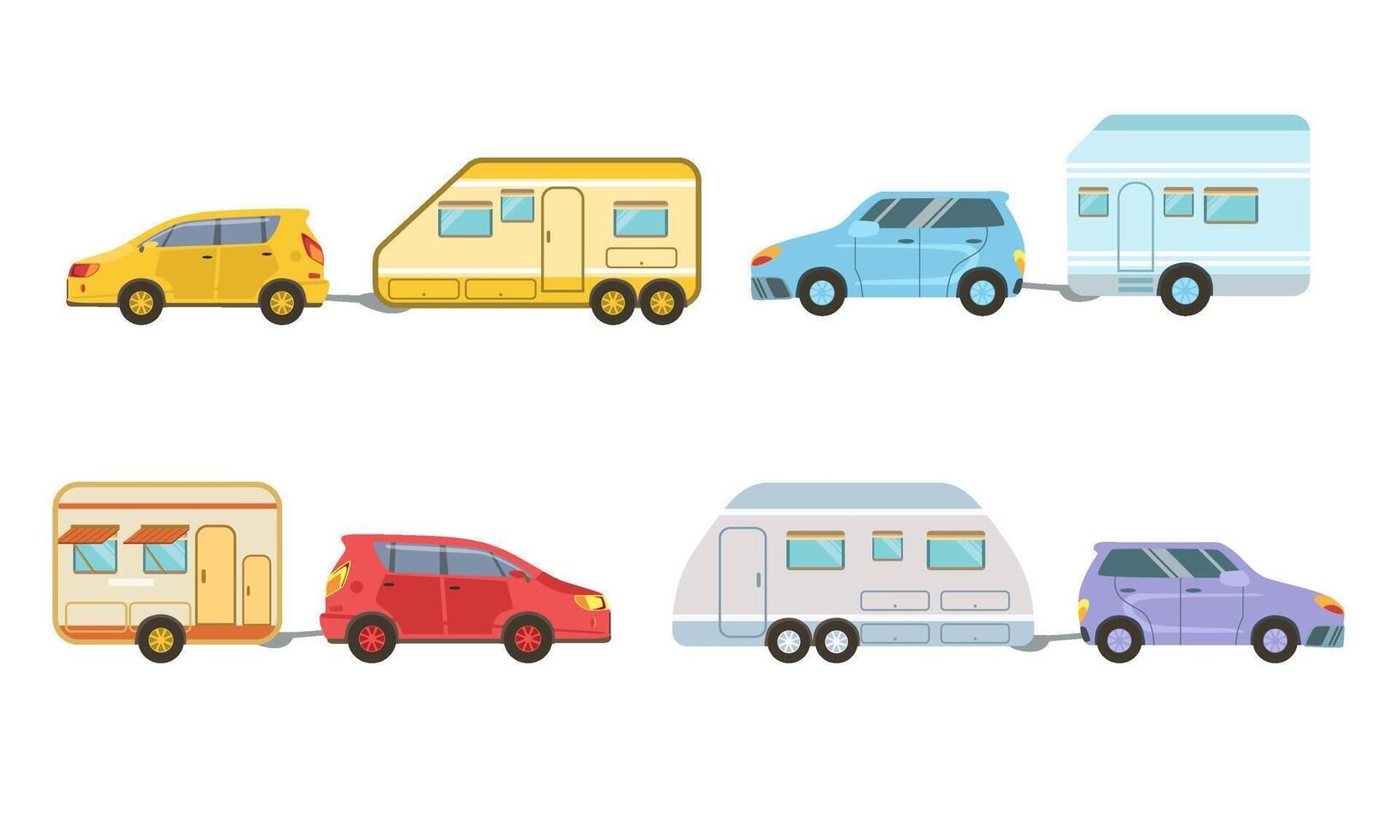 Collection of Cars with Trailers, Trailering, Camping, Outdoor Adventures Illustration vector