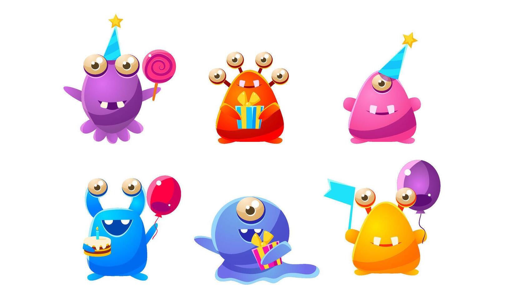 Collection of Cute Funny Colorful Monsters Cartoon Characters, Happy Mutants Celebrating Party Illustration vector