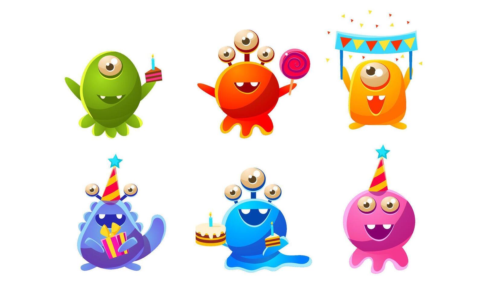 Collection of Cute Funny Colorful Monsters Cartoon Characters, Birthday Party Design, Happy Mutants Celebrating Party Illustration vector