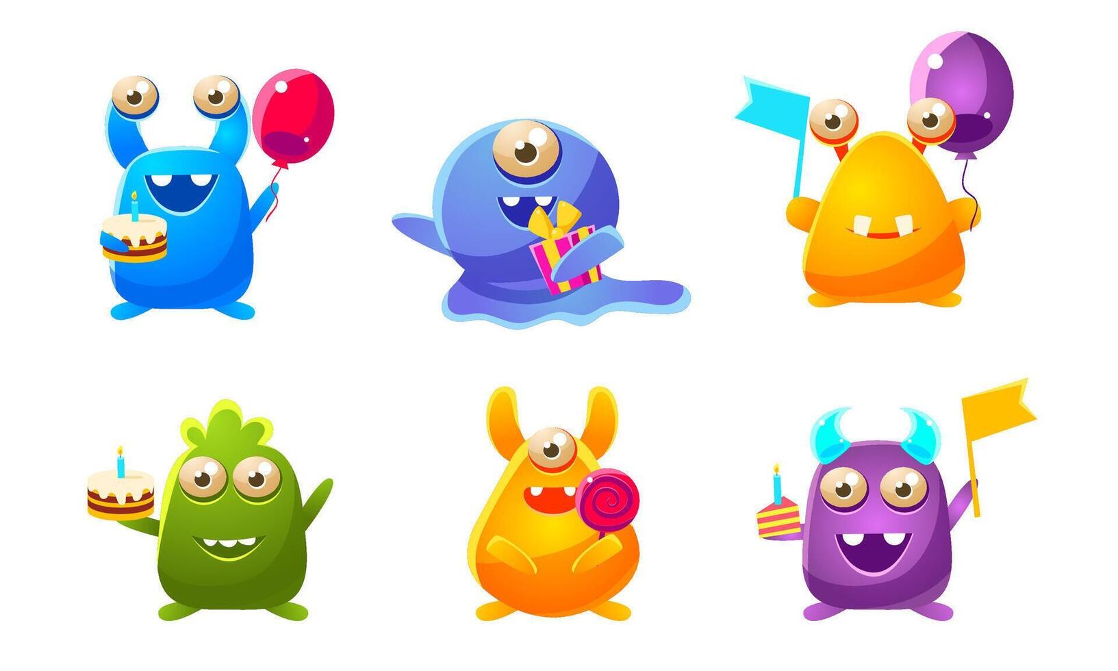 Collection of Cute Funny Fantastic Monsters Cartoon Characters, Happy Mutants Celebrating Birthday Party Illustration vector