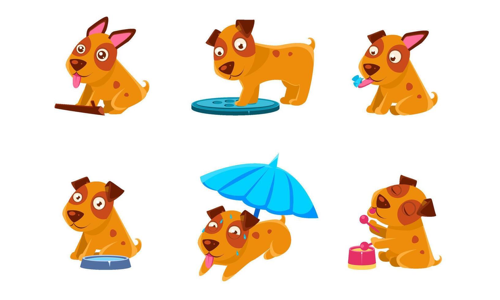 Cute Little Dog Cartoon Character Set, Adorable Brown Puppy in Different Situations Illustration vector