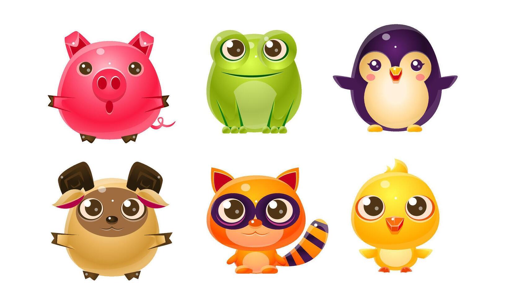 Cute Bright Glossy Animals Set, Sheep, Cat, Chicken, Pig, Frog, Penguin Illustration vector