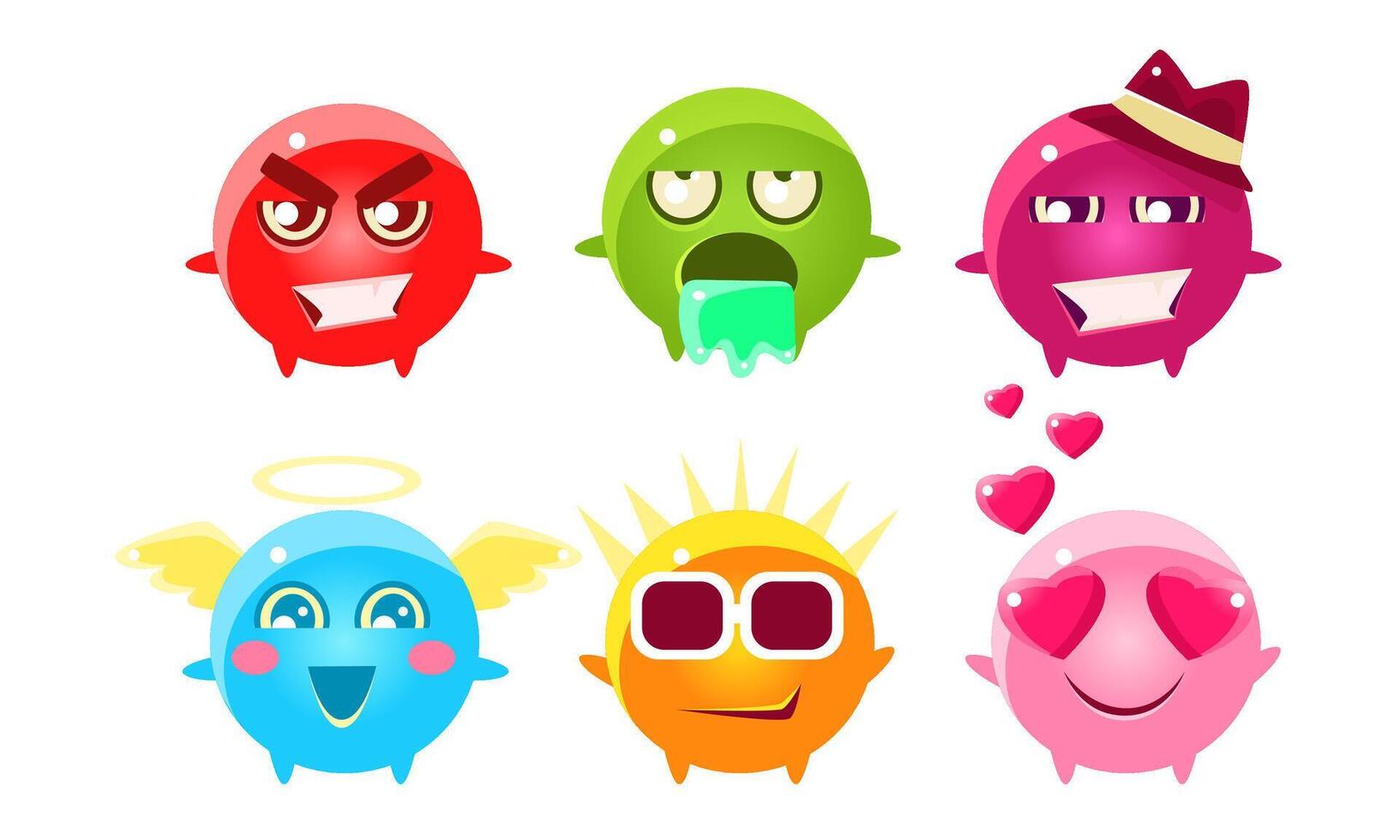 Colorful Glossy Bright Fantastic Balls Cartoon Characters Set, Cute Funny Monsters with Various Emotions Illustration vector