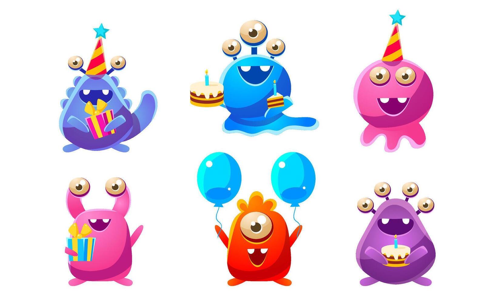Collection of Cute Funny Colorful Monsters Cartoon Characters, Birthday Party Design, Happy Mutants Celebrating Party Illustration vector