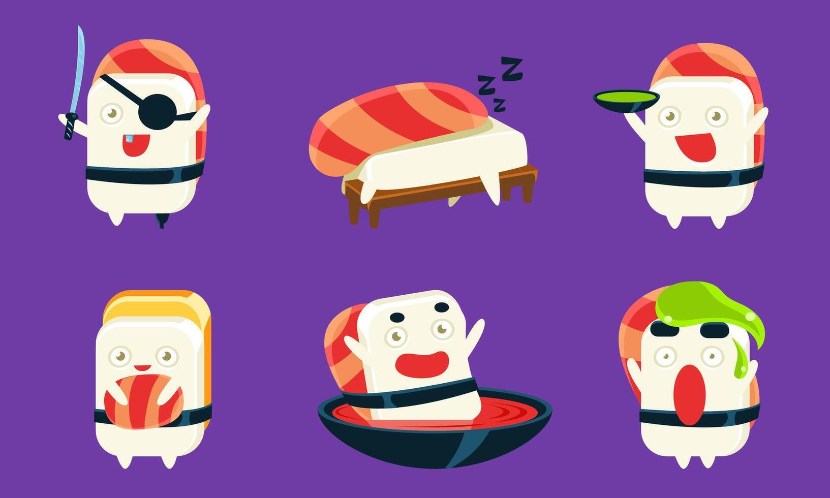 Sushi Cartoon Characters Set, Asian Food, Cute Rolls with Funny Faces in Different Situations and Various Emotions Illustration vector