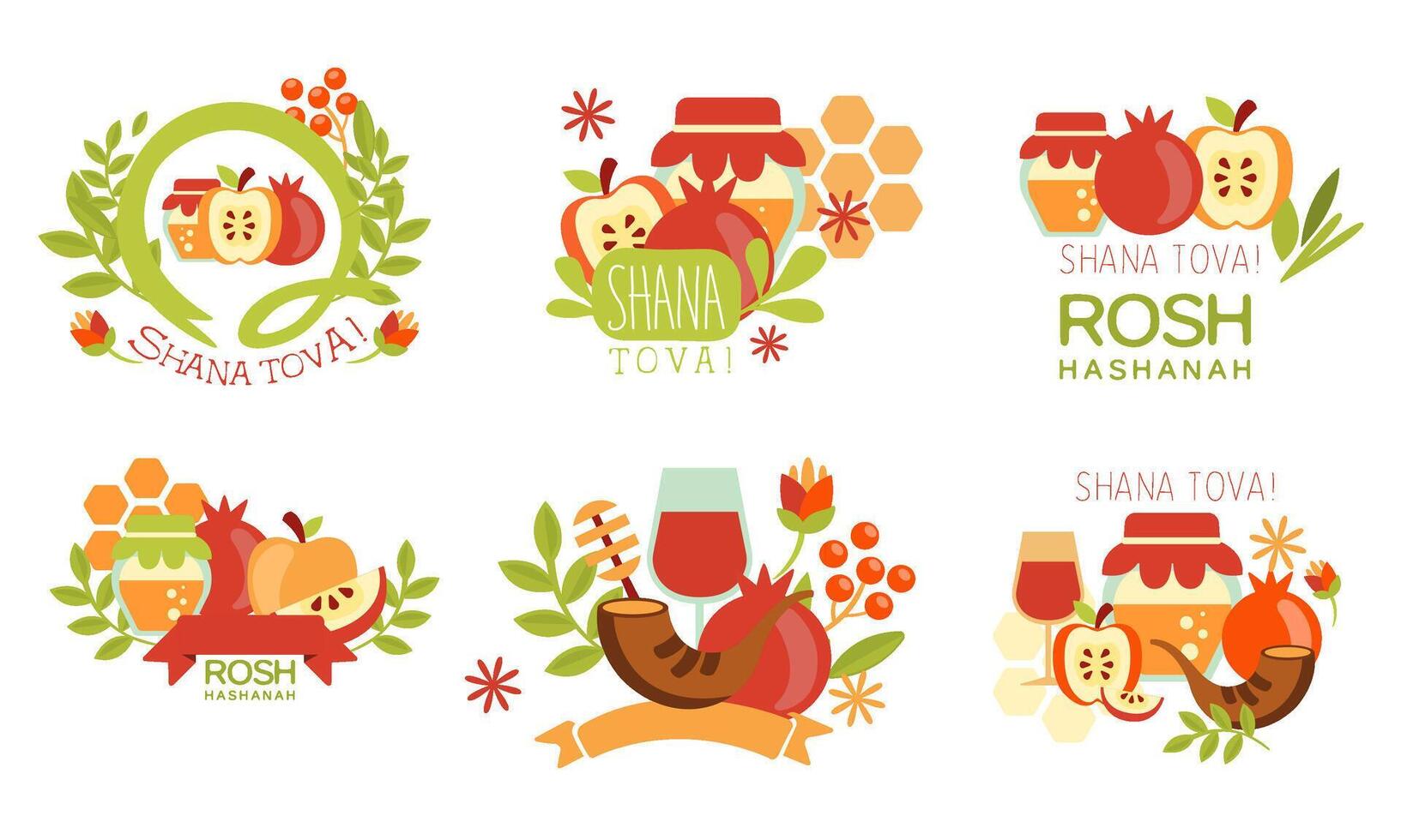Shana Tova Labels Set, Rosh Hashanah Jewish Holiday, New Year Banner, Poster, Badge Design Elements Illustration vector