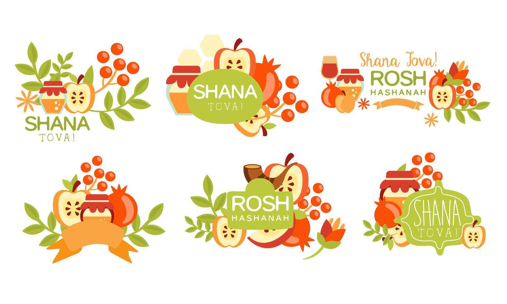Shana Tova Colorful Labels Set, Rosh Hashanah Jewish Holiday, New Year Banner, Poster, Badge Design Elements Illustration vector
