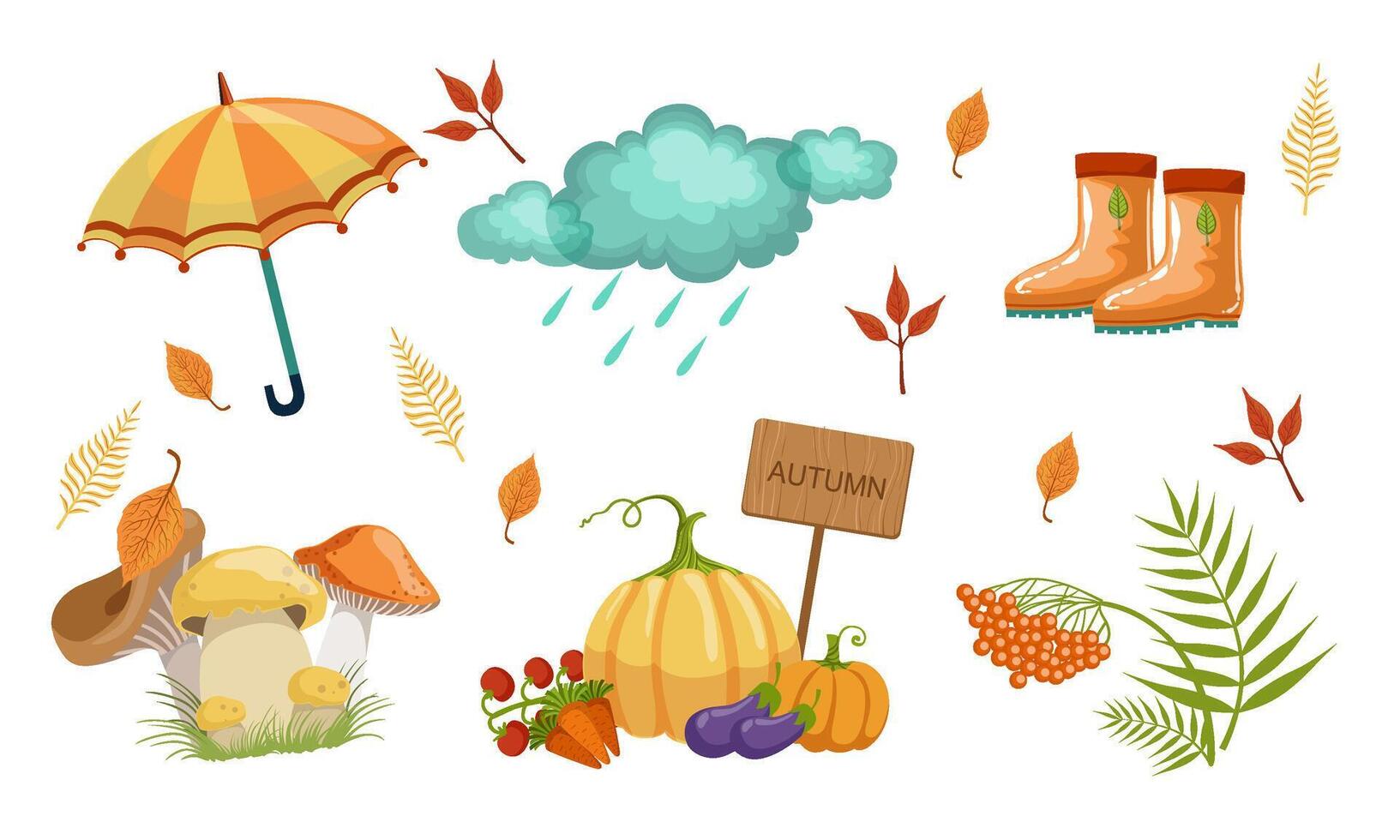 Autumn Season Objects Collection, Autumnal Design Elements, Umbrella, Rainy Cloud, Rubber Boots, Mushrooms, Vegetables, Mountain Ash Leaves Illustration vector