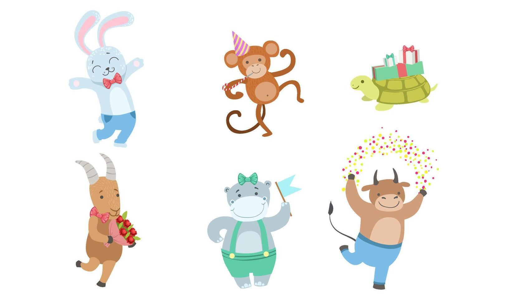 Collection of Cute Happy Animals for Happy Birthday Design, Bunny, Monkey, Turtle, Goat, Hippo, Bull, Illustration vector