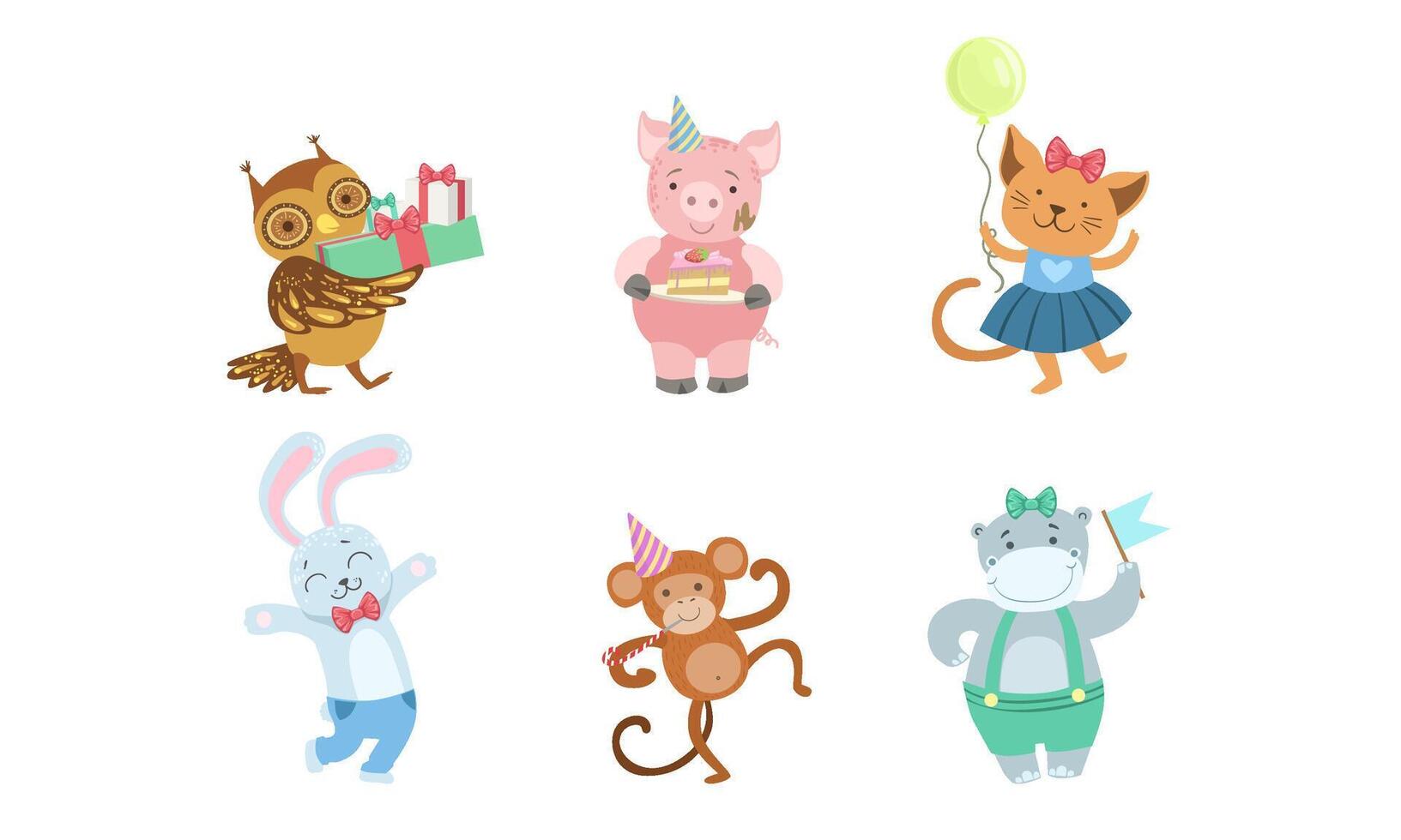 Collection of Cute Happy Animals for Happy Birthday Design, Bunny, Monkey, Hippo, Owlet, Pig, Cat Illustration vector