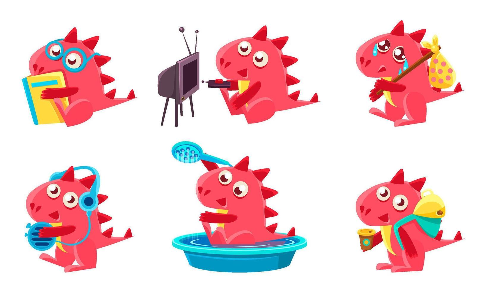 Cute Red Funny Dragon Character Set, Funny Fantastic Animal in Different Situations Illustration vector