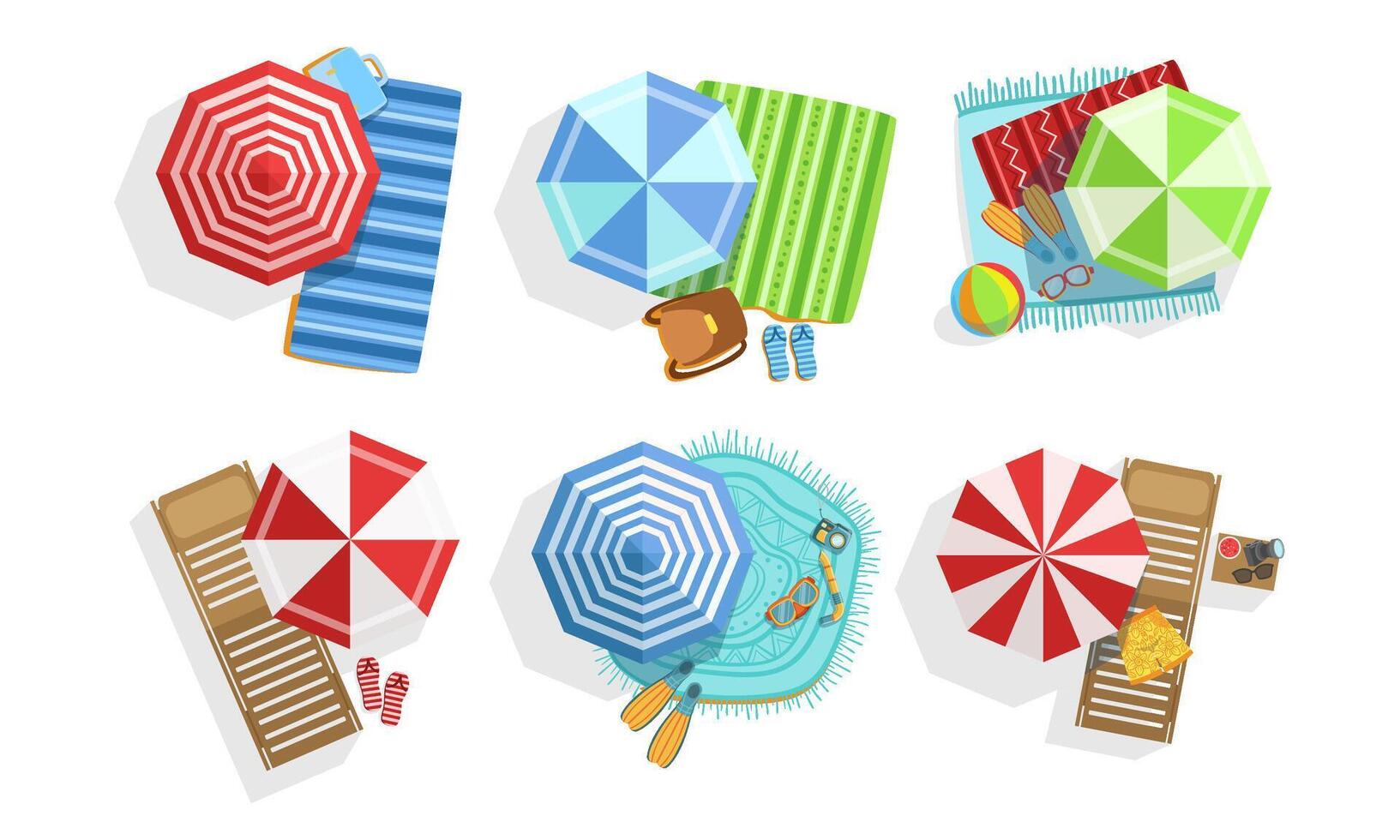 Collection of Umbrellas, Chaise Lounges and Towels, Summer Beach View From Above Illustration vector