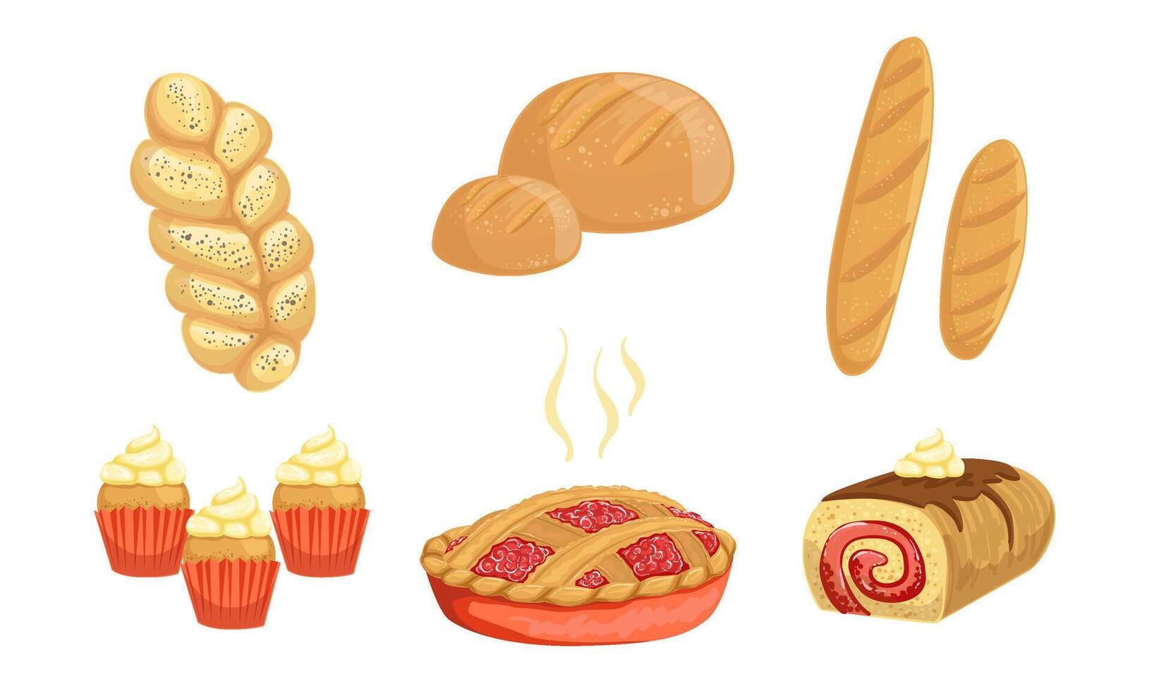 Bakery Products Set, Bread, Loaf, Hala, Cupcake, Pie, Roll Illustration vector