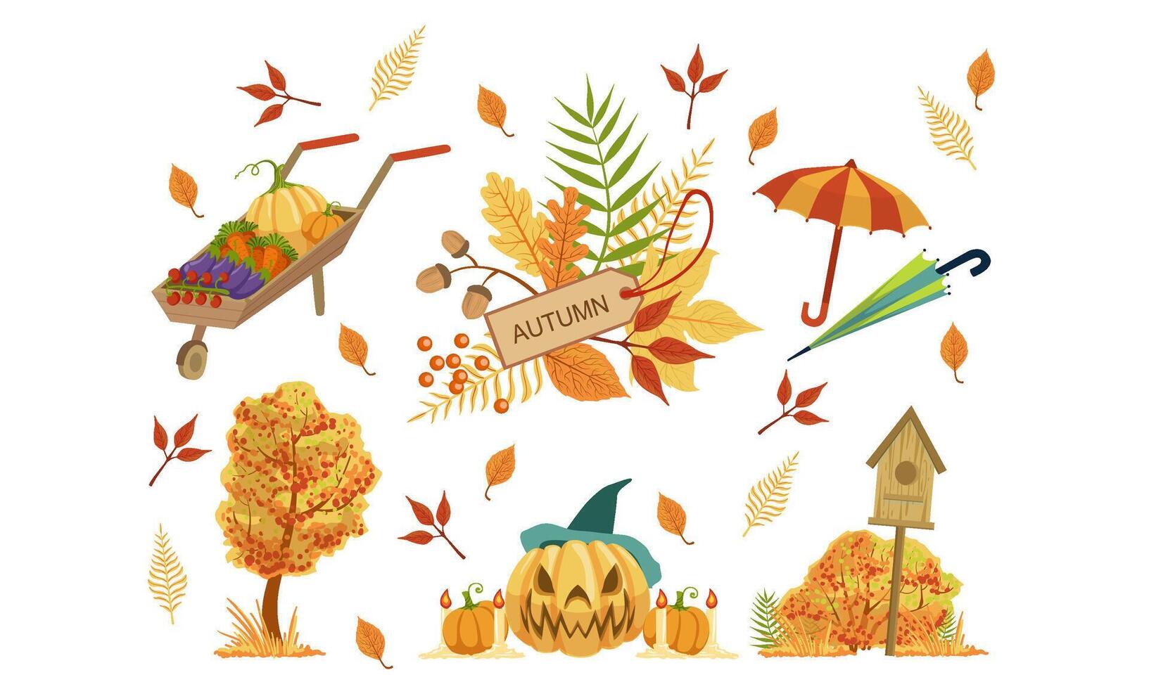 Autumn Season Objects Collection, Autumnal Design Elements, Wheelbarrow with Vegetables, Halloween Pumpkin, Colorful Tree Leaves, Umbrella Illustration vector