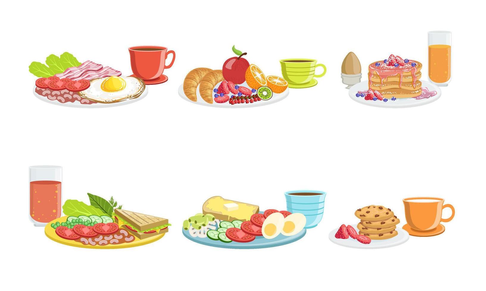 Healthy Breakfast Dishes Set, Classical Menu with Fryed Egg, Ham, Pancakes, Cookies, Sandwich, Fruits, Vegetables and Berries Illustration vector
