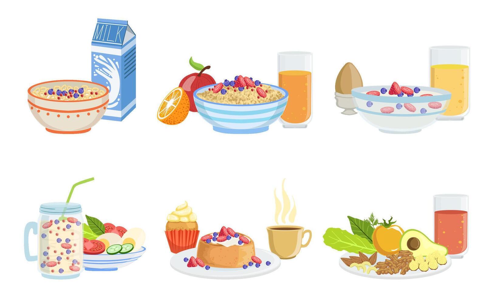 Healthy Breakfast Dishes Set, Classical Menu with Muesli, Oatmeal, Smoothie, Pancakes, Fruits, Vegetables and Berries Illustration vector