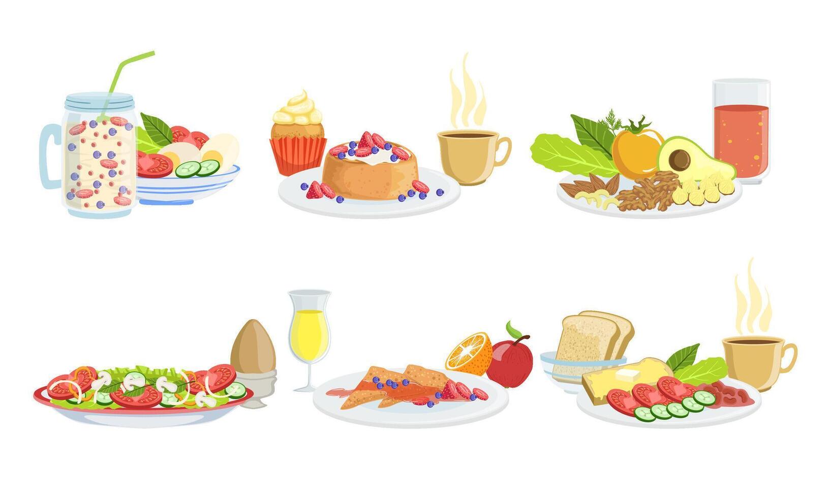 Healthy Breakfast Dishes Set, Classical Menu with Smoothie, Pancakes, Sandwiches, Fruits, Vegetables and Berries Illustration vector