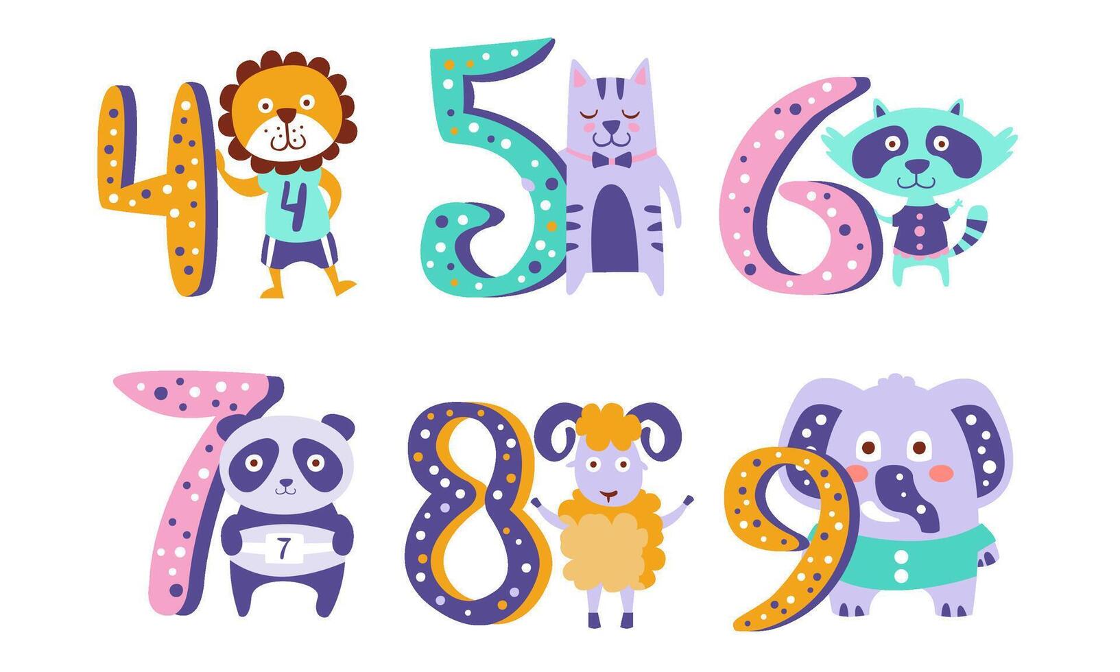 Cute Kids Anniversary Numbers with Animals, Lion, Cat, Raccoon, Panda, Sheep, Elephant Illustration vector