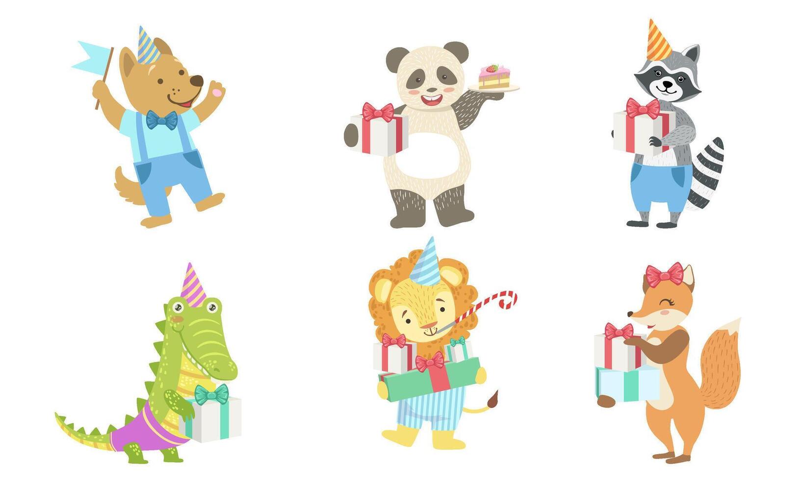 Collection of Cute Happy Animals for Happy Birthday Design, Dog, Panda, Raccoon, Crocodile, Lion, Fox, Illustration vector