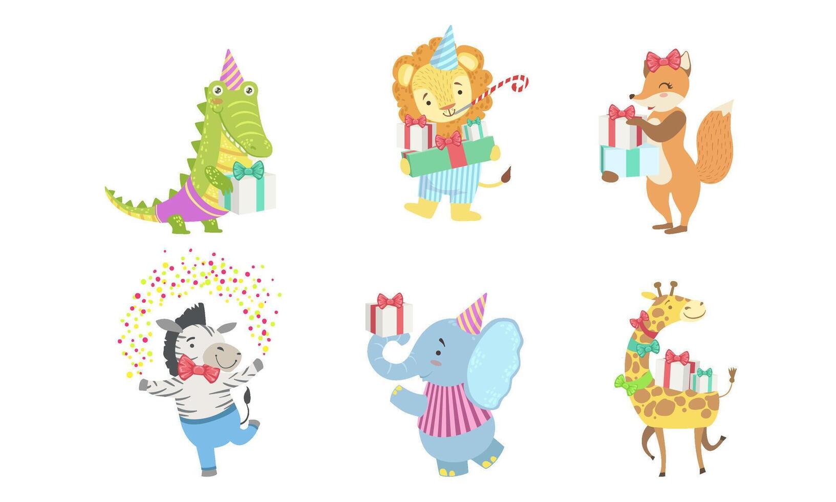 Collection of Cute Happy Animals for Happy Birthday Design, Crocodile, Lion, Fox, Zebra, Elephant, Giraffe Illustration vector