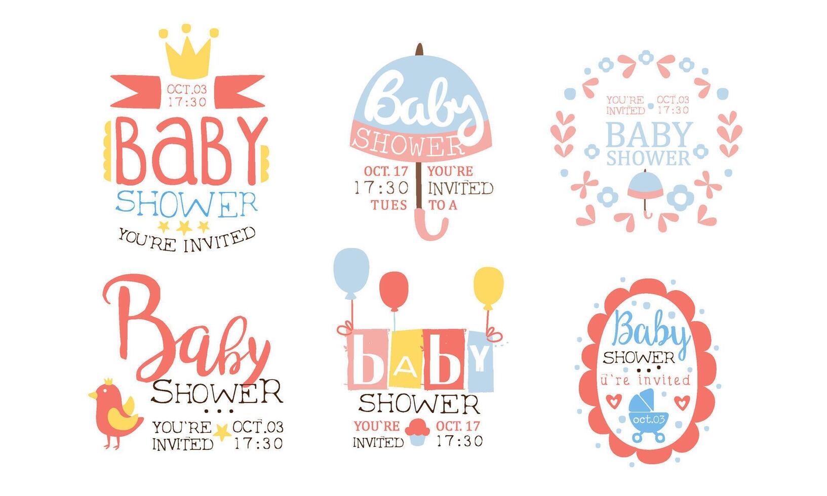 Baby Shower Invitation Templates Set, Cute Design Elements for Newborn Celebration Party Illustration vector