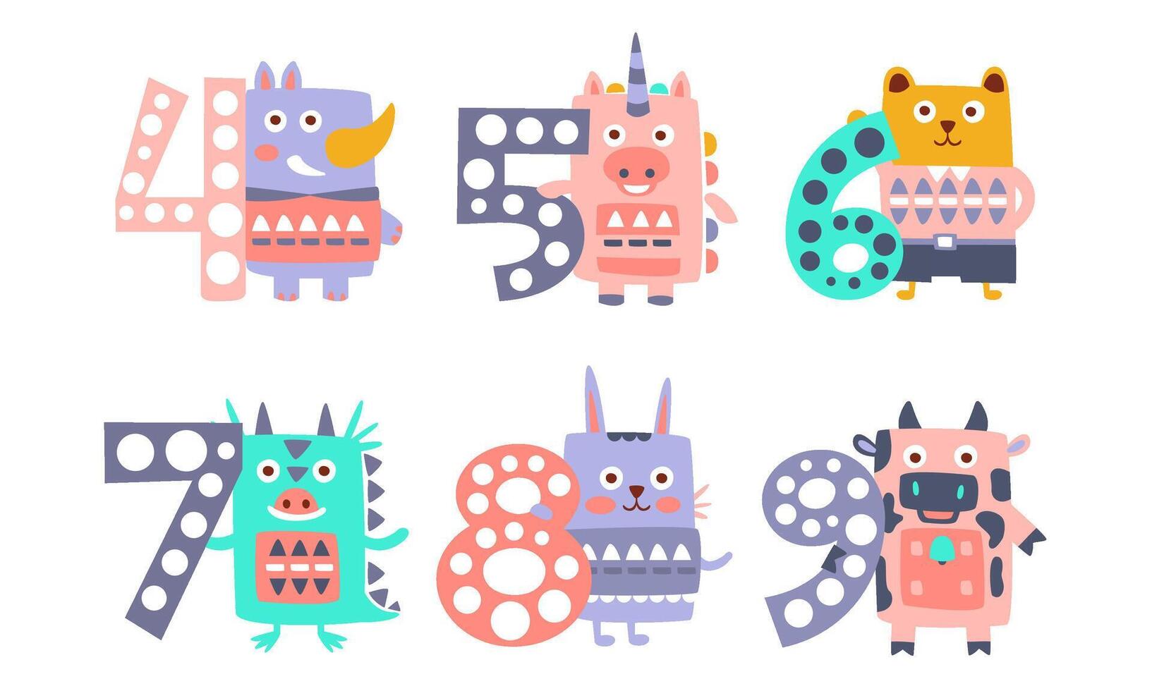 Cute Kids Anniversary Numbers with Animals, Rhino, Unicorn, Bear, Dragon, Rabbit, Cow Illustration vector