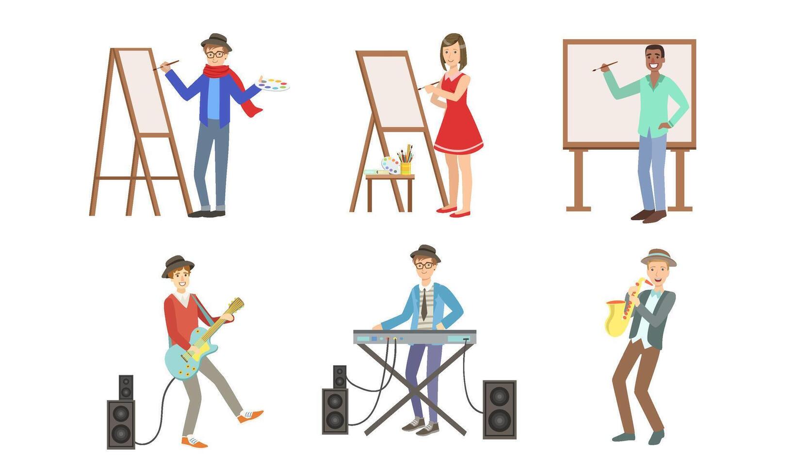 People of Creative Professions Set, Artists Painting on Canvas and Musicians with Musical Instruments Illustration vector