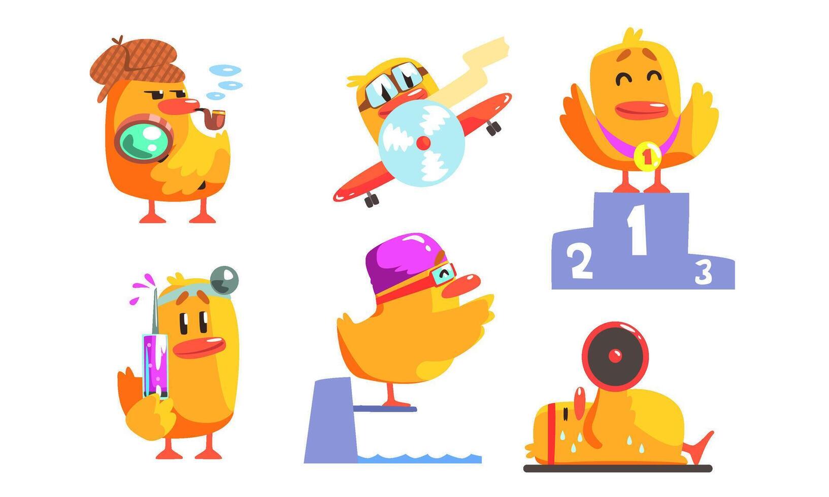 Funny Humanized Chicken Cartoon Character in Various Situations Set, Funny Bird Activity Illustration vector