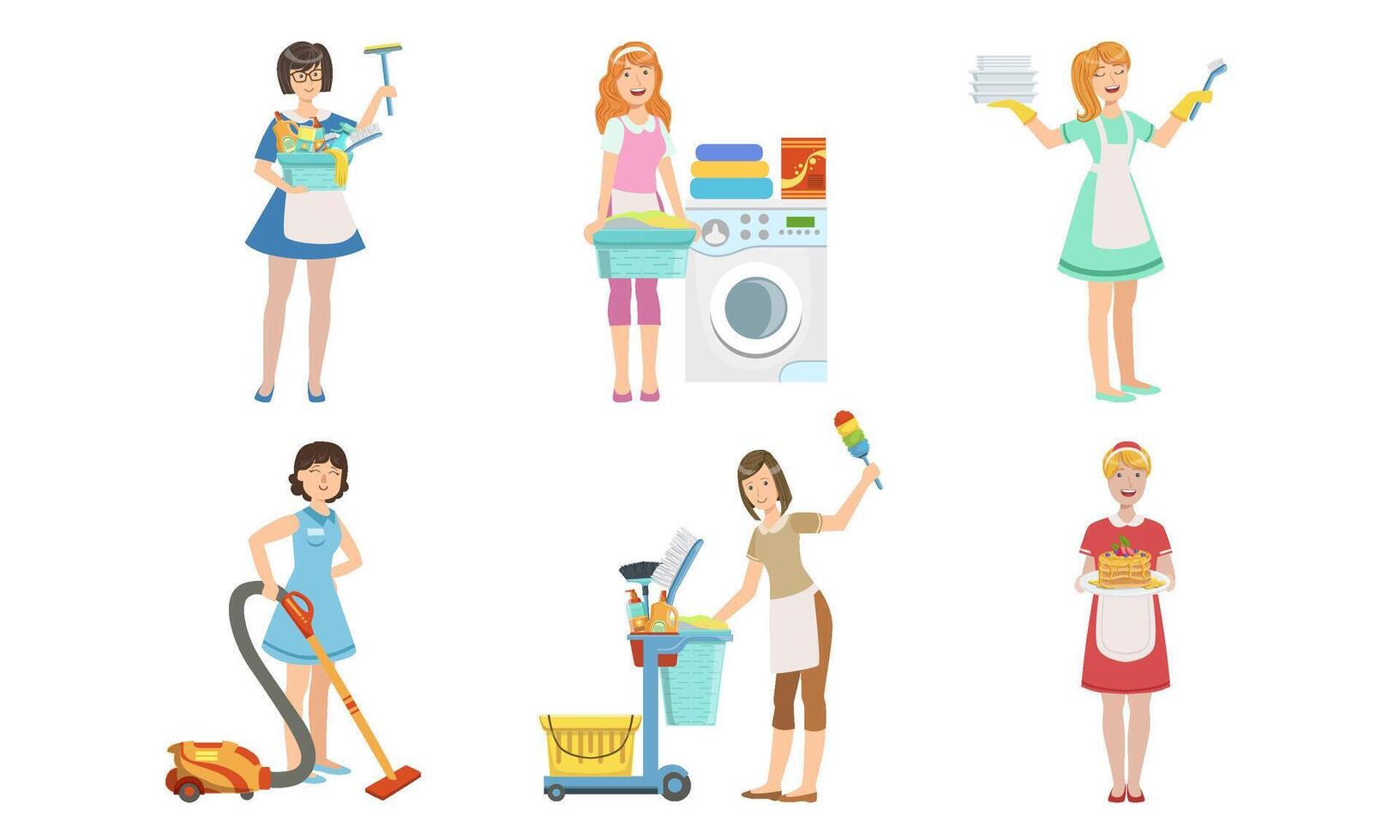 Female Cleaning Service Workers Doing Various Housework Chores Set, Housewives Characters in Aprons with Different Equipment Illustration vector