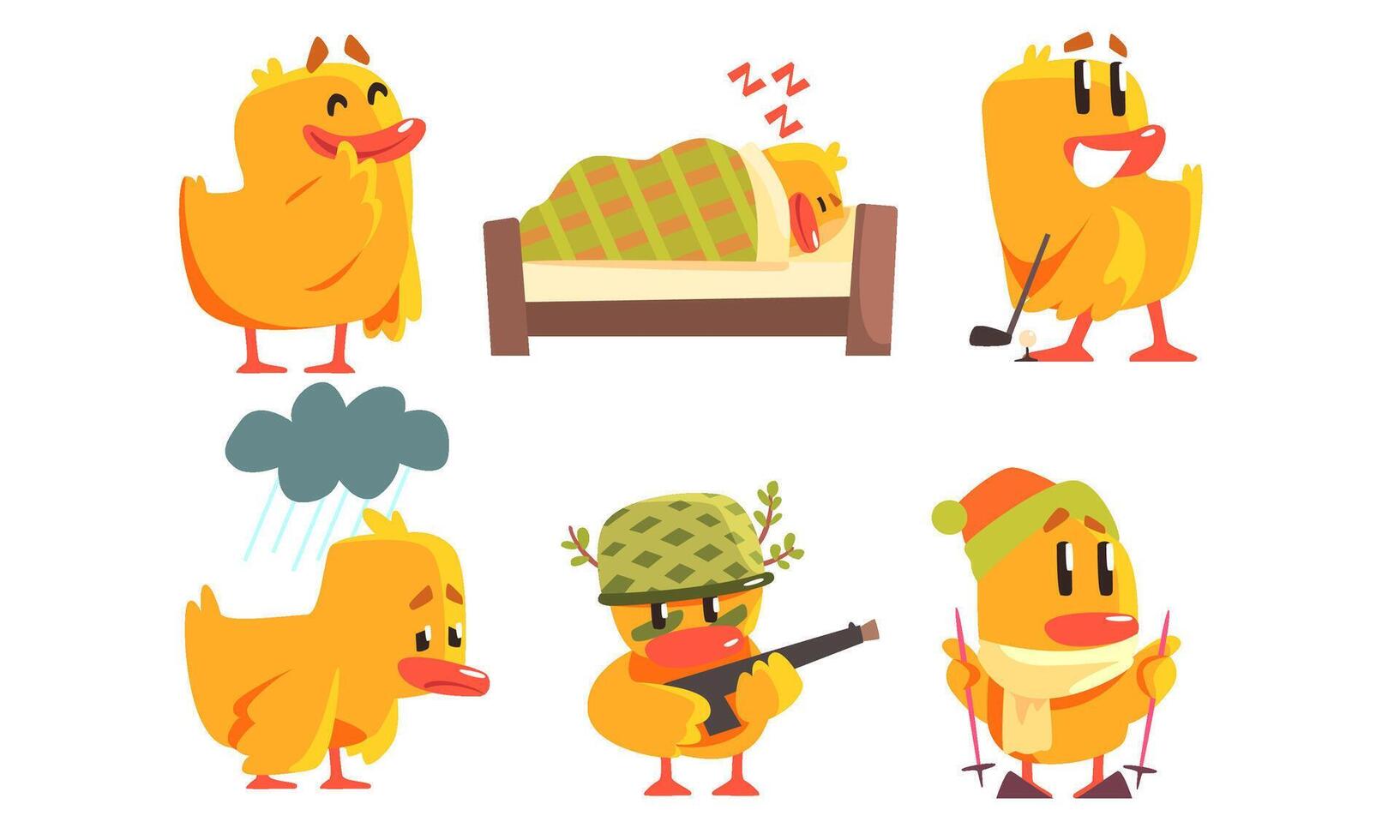 Funny Yellow Humanized Chicken Cartoon Characters in Various Situations Set Illustration vector